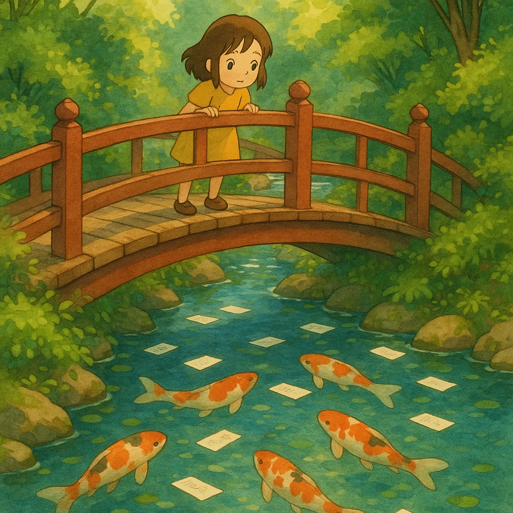 Bridge crossing a koi-filled stream with floating paper wishes. emoji