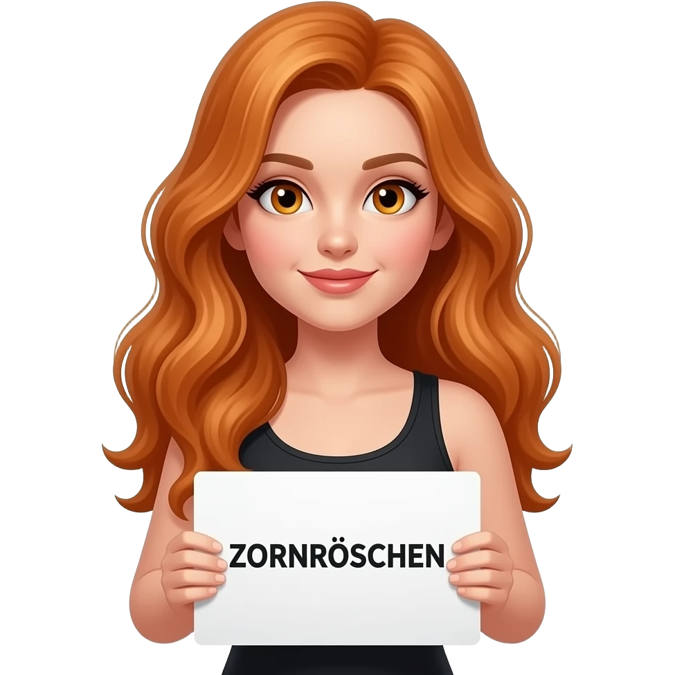 sexy girl with long wavy ginger hair and ginger eyes wearing a black tanktop is holding a white colored sign with ZORNRÖSCHEN written on it emoji