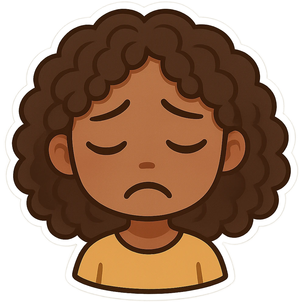 chibi emoji of a female with curly hair and brown skin, sad expression emoji