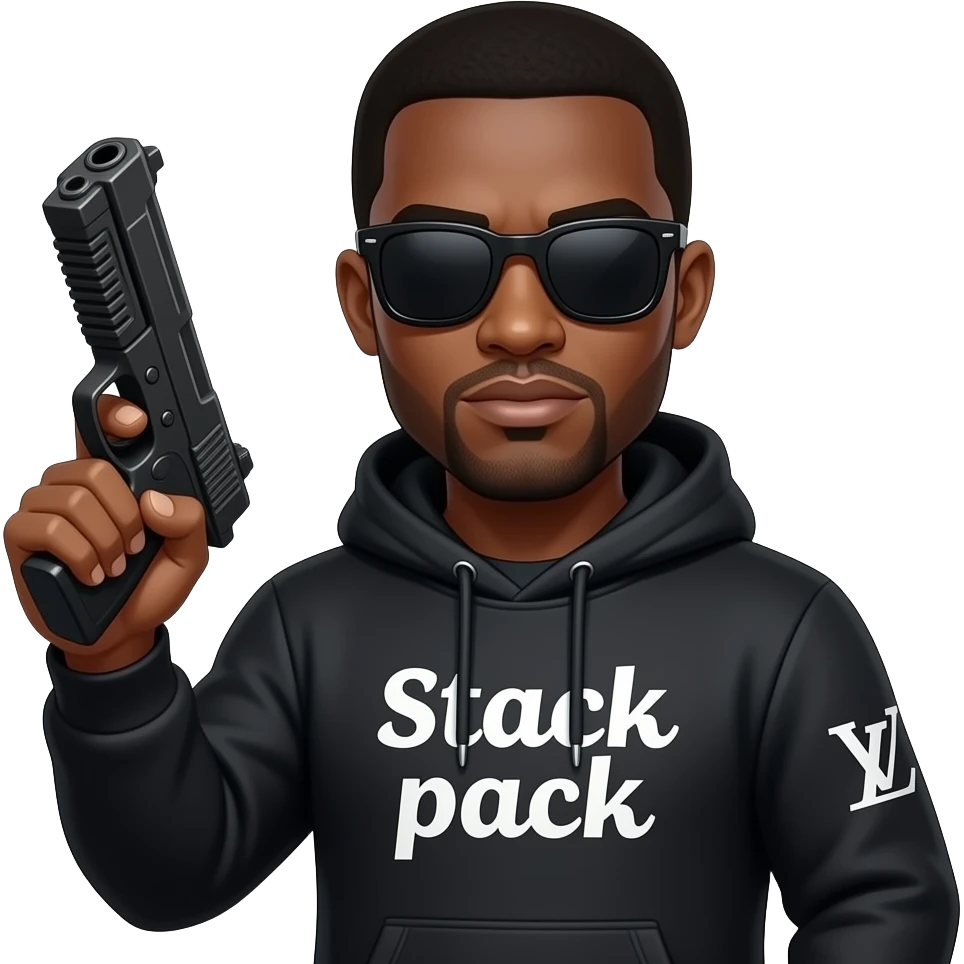 Black guy named Stackpack Louis Vuitton hoodie that says stack pack on it black shades on it with a laser gun emoji