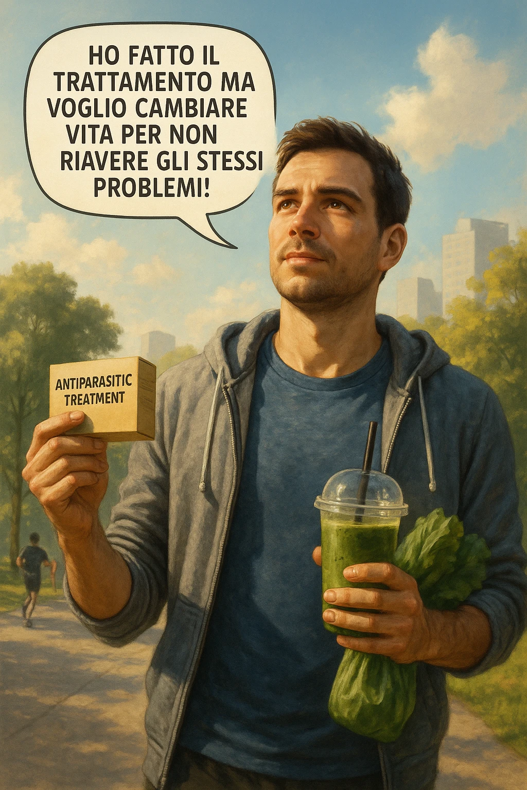 A realistic, cinematic illustration of a man in his early 30s with a determined and hopeful expression, standing outside under a bright morning sky, holding a small box labeled 'Antiparasitic Treatment' in one hand, while in the other hand he holds a fresh green smoothie or a bag of vegetables. A speech bubble near him says: ‘Ho fatto il trattamento ma voglio cambiare vita per non riavere gli stessi problemi!’ The man is wearing casual but clean and sporty clothing, symbolizing a fresh start, with the background showing a city park with green trees, morning light, and people jogging, indicating a healthy lifestyle. The atmosphere is bright, uplifting, and motivating, clearly illustrating the transition from treatment to lifestyle change to prevent future health issues. The style is realistic with warm tones, showing positive energy and commitment to change in italiano emoji