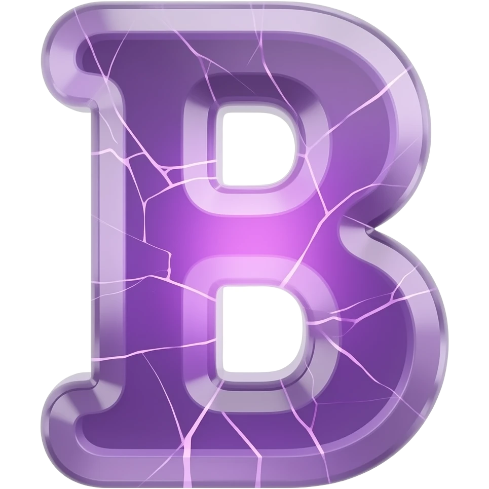A hyper-realistic 3D letter 'B' carved from translucent purple amethyst, filled with glowing internal fractures. Volumetric lighting, cinematic glow, dark background, 8k resolution, emoji