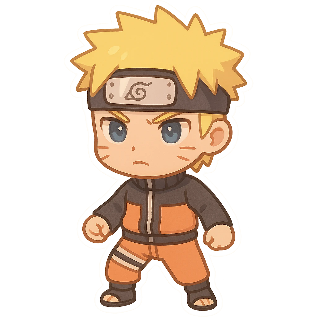Naruto Uzumaki in a standing motion, he has a serious expression on his face, chibi sticker emoji