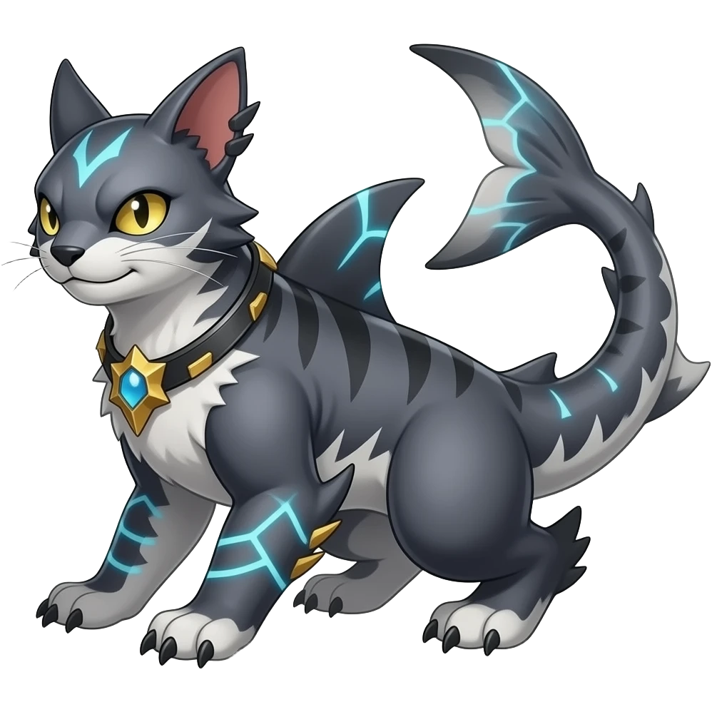 4-legged digitigrade dark badass edgy earless landhai-Latias-Latios-Kyurem-Dialga-carvanha-sharpedo-Electrike-Manectric-hybrid-fusion-creature, with a long shark tail behind, full body emoji