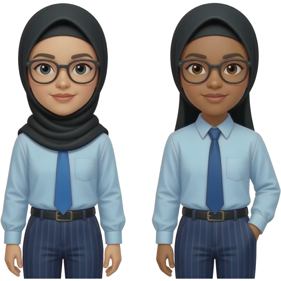 make someone who u think is aala, make her wear a black hijab, blue tie, wearing light blue shirt, dark blue pants with stripes, dark-ish skin , not too dark but not too light. and glasses and make her with another human called haneen emoji