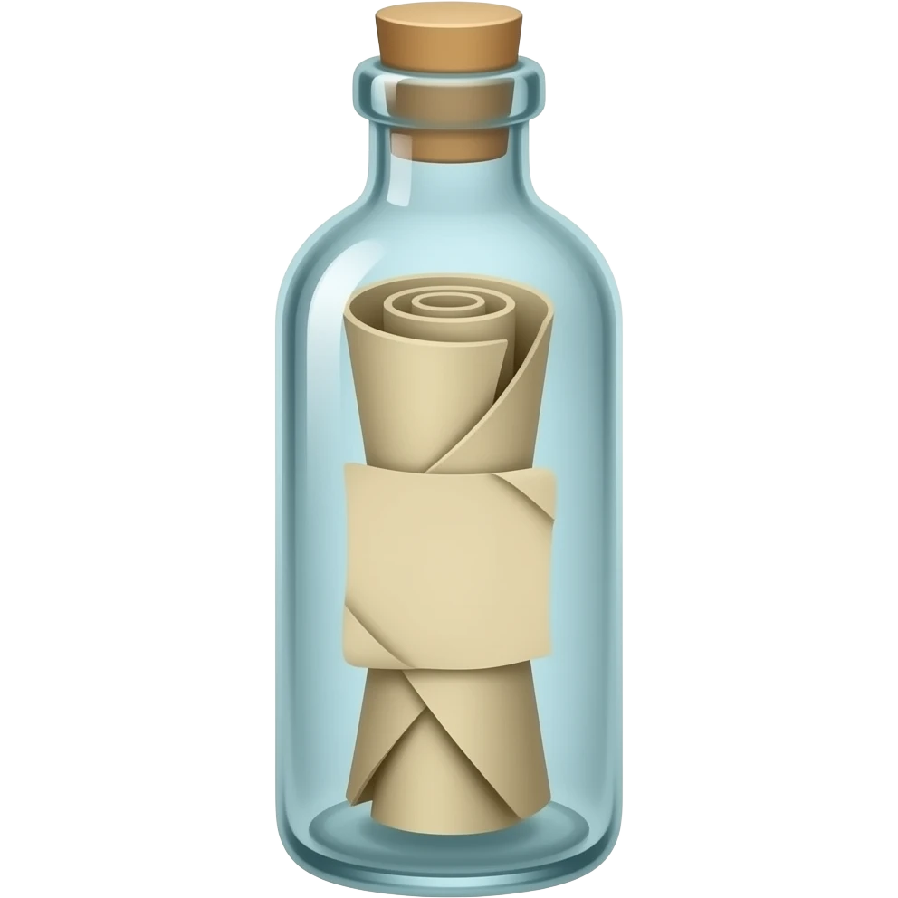 A tall, thin glass bottle containing a rolled-up message in an old piece of paper, with the message positioned exactly in the center of the bottle. The roll should look truly natural, with natural curves and a three-dimensional appearance. emoji