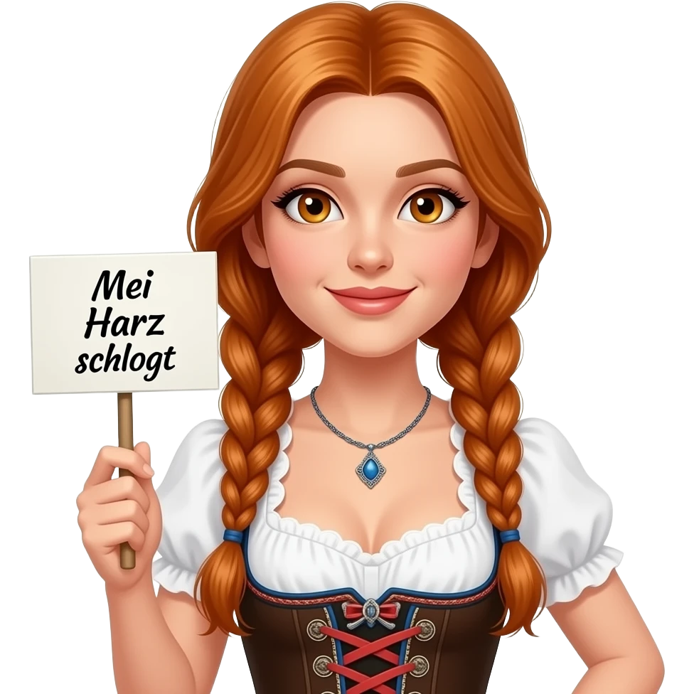 sexy girl with overlong ginger hair in braids and ginger eyes wearing a dirndl holding a Mei Herz schlogt BOARISCH sign emoji