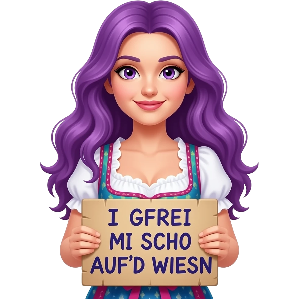 sexy girl with long purple hair and purple eyes wearing a dirndl holding a I GFREI MI SCHO AUF'D WIESN sign emoji