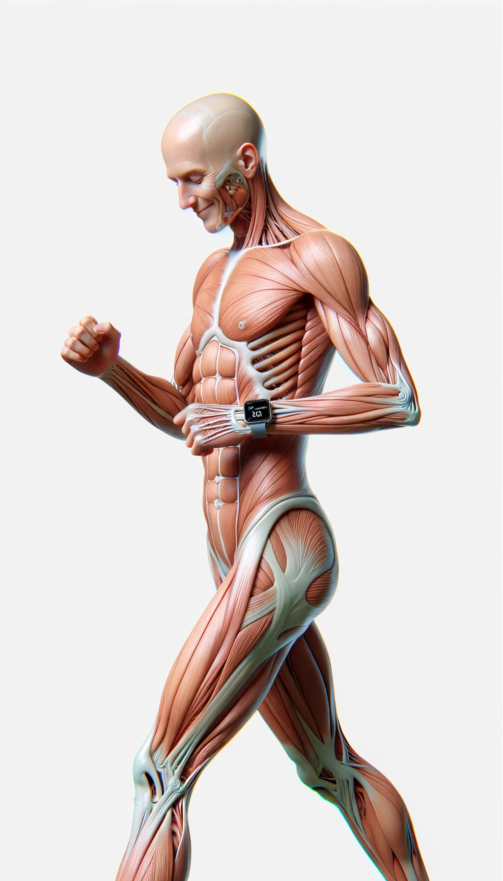corpo umano anatomico sereno e felice che cammina mentre osserva il suo orologio contapassi, colori realistici del corpo, espressione soddisfatta, iperrealistica 4k, isolato su sfondo bianco emoji