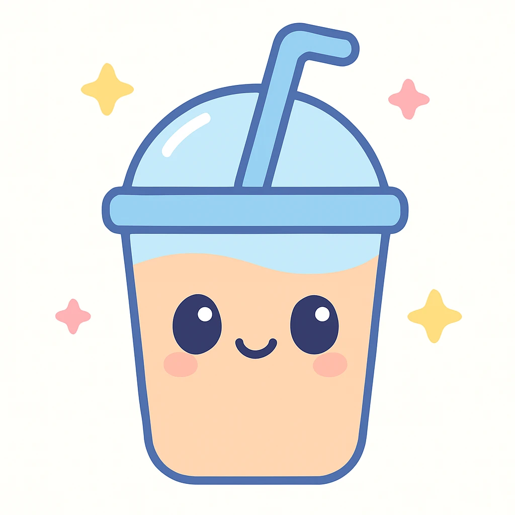 kawaii style drink with a smiling face, pastel colors, and big eyes emoji