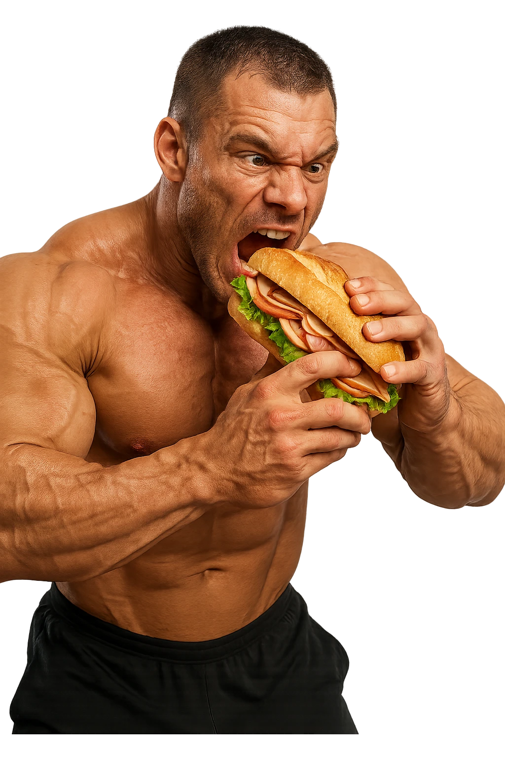 bodybuilder che mangia affamato un panino, iperrealistico 4k emoji