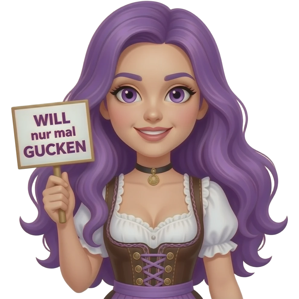 sexy girl with long purple hair and purple eyes wearing a dirndl holding a WILL nur mal GUCKEN sign emoji