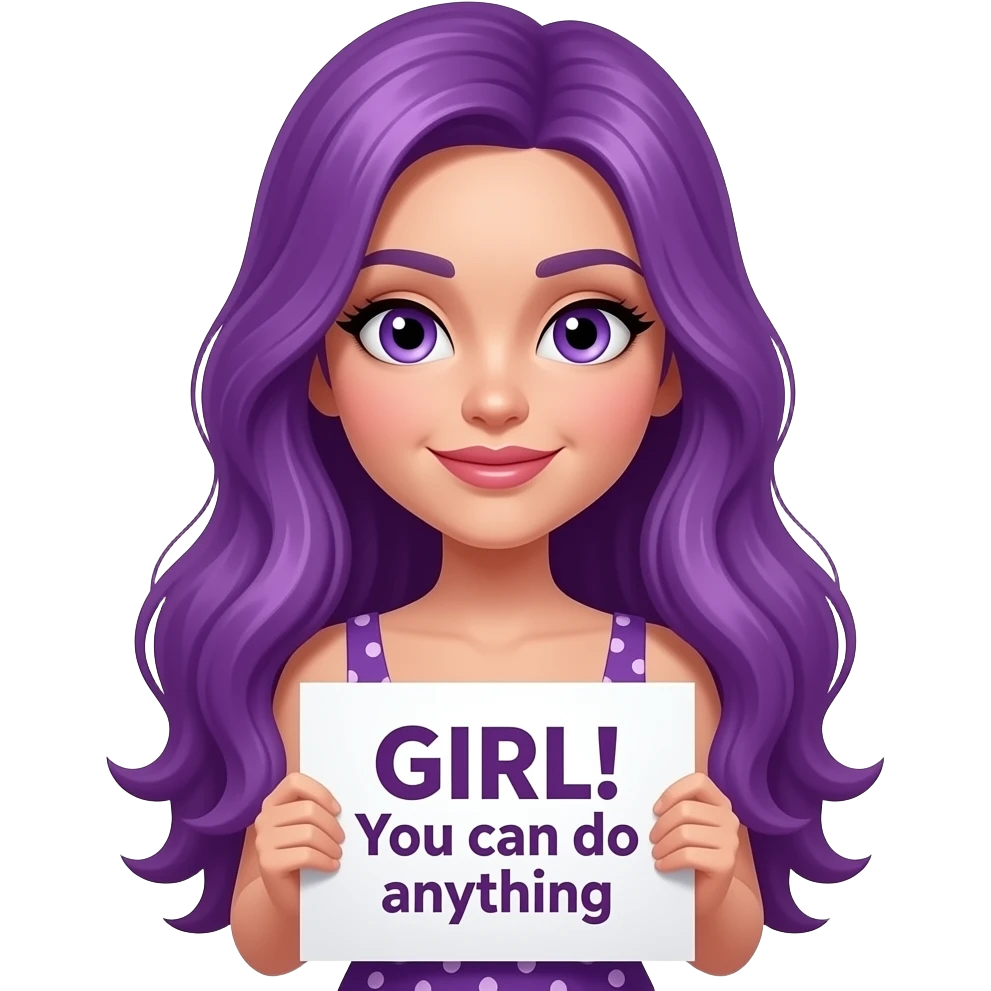 sexy girl with long purple hair and purple eyes wearing a dress holding a GIRL! You can do anyything sign emoji