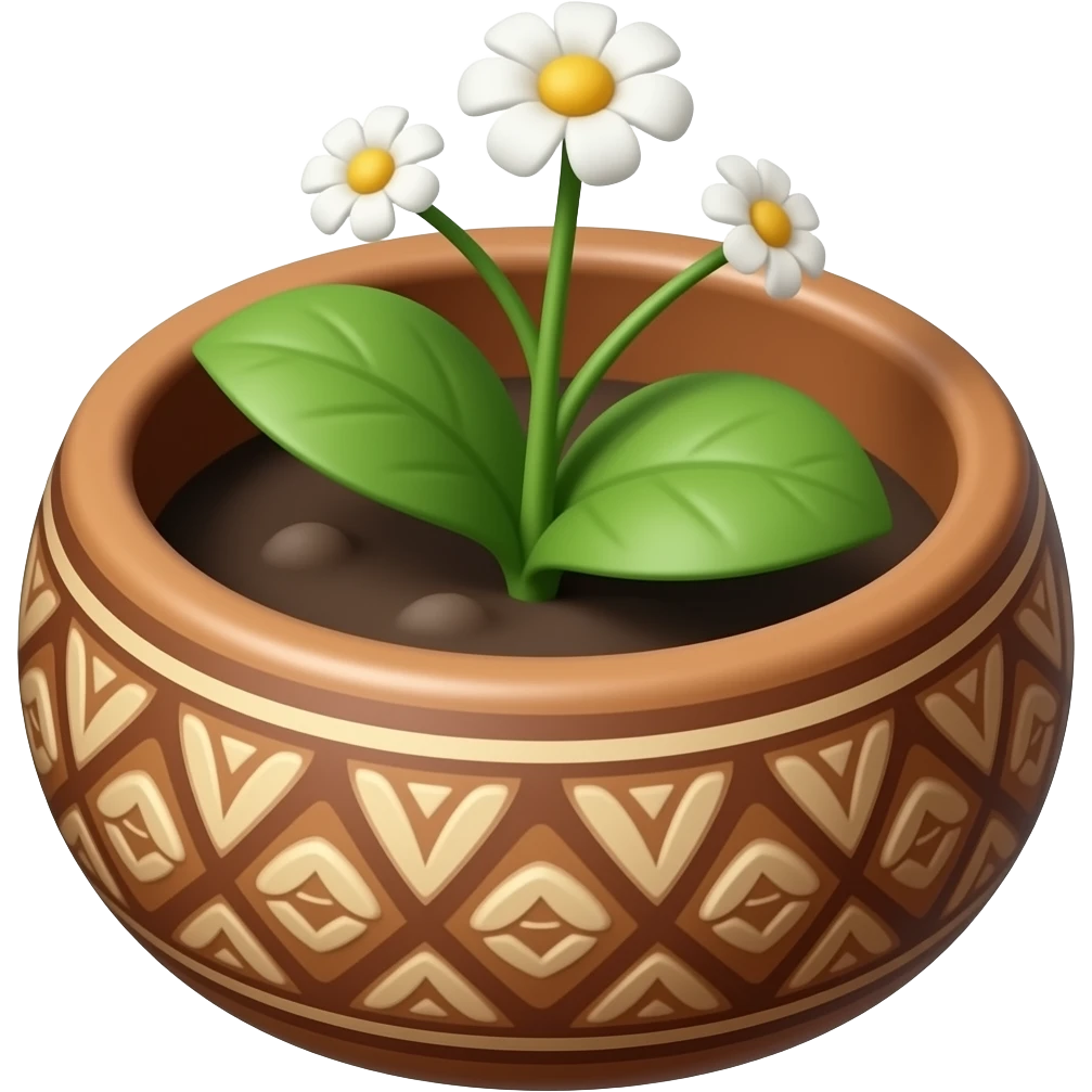 Create an elegant and decorative circular ceramic brown planter and a flower plant inside emoji