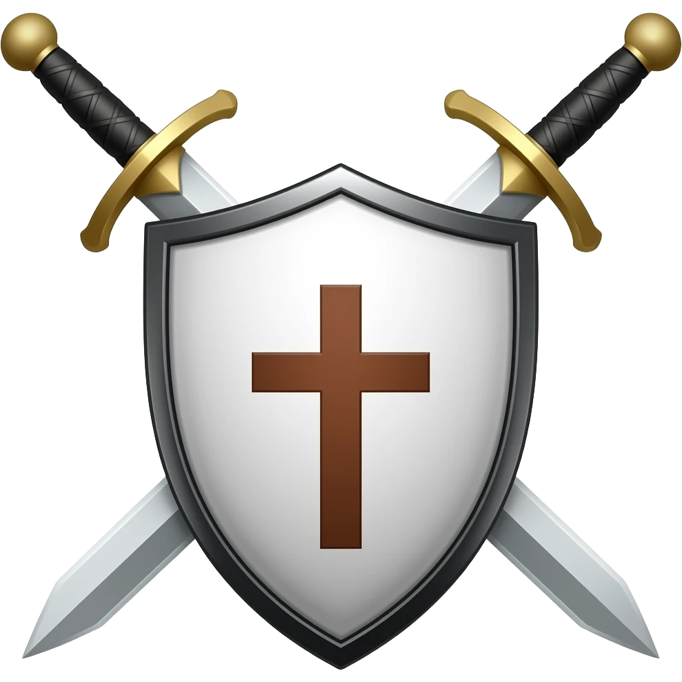 un escudo blanco con bordes negro y una cruz cafe y una espada de acero por detras del escudo en la mitad con un mango en forma de cruz y el mando este en la parte superio emoji