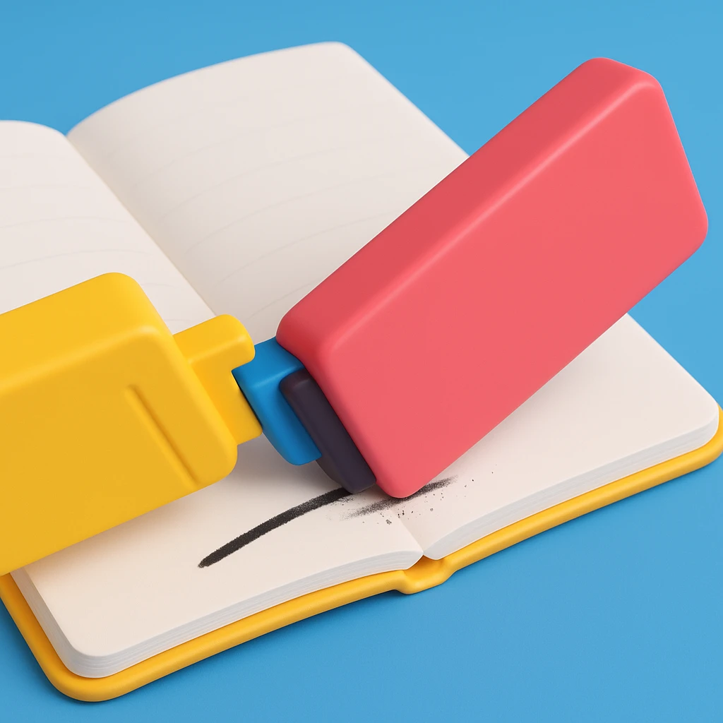 3d eraser removing line on paper, add a notebook emoji