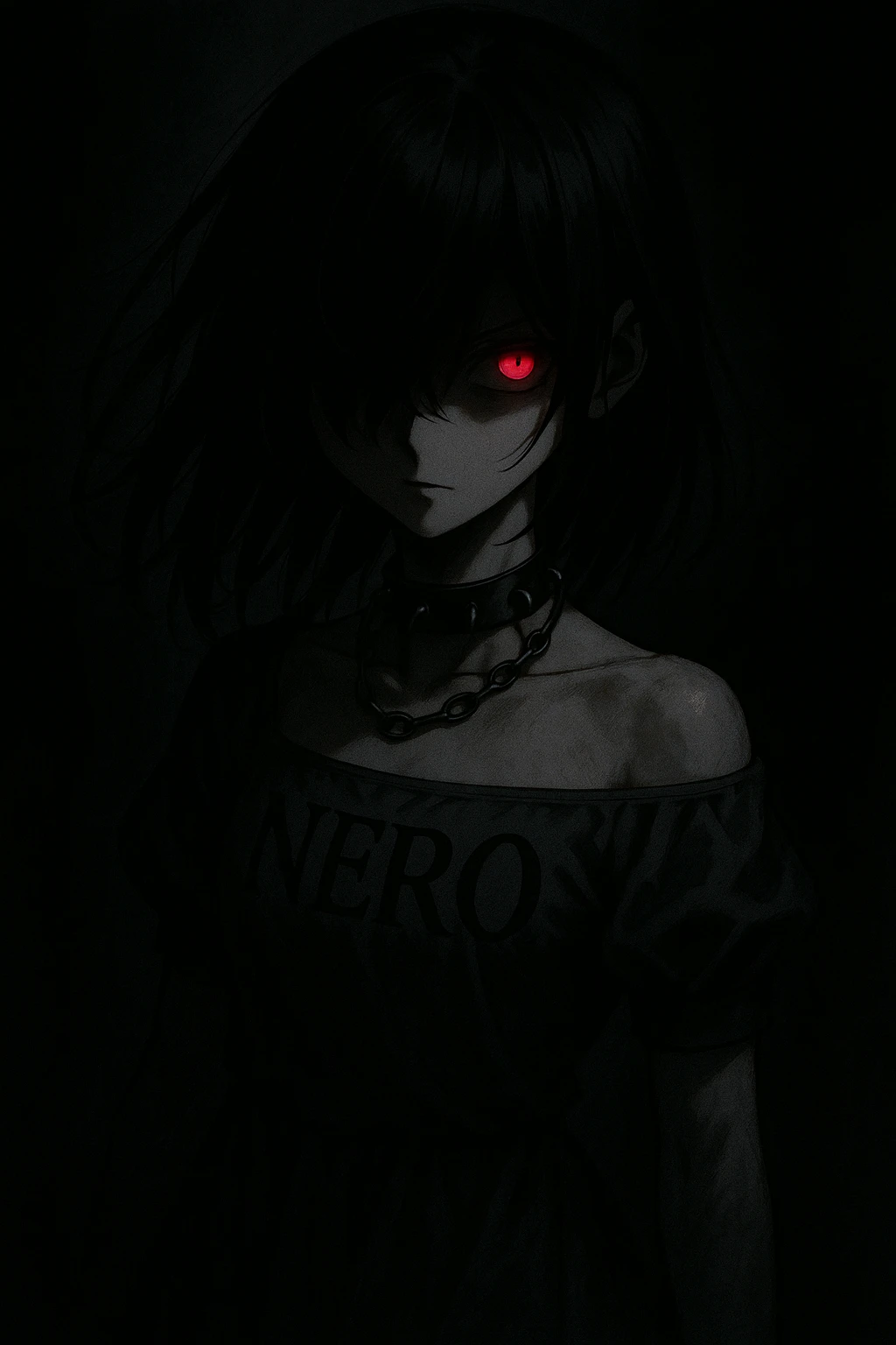 Anime girl emerging from darkness, jet-black hair over her face, turning right. Her left eye glows red with a menacing aura. She wears a black leather necklace with metal rings, and her dress has 'NERO' engraved in bold black script. emoji