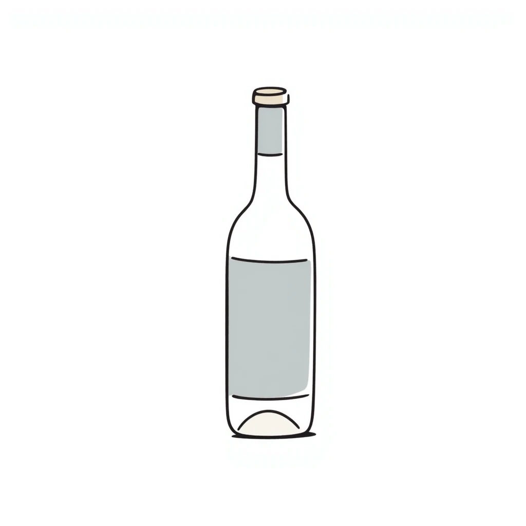 A wine bottle with label in pastel colors (dd9fb0, ffc6d3, a3bfc9, c4bee2, f1b091), hand-drawn doodle style emoji