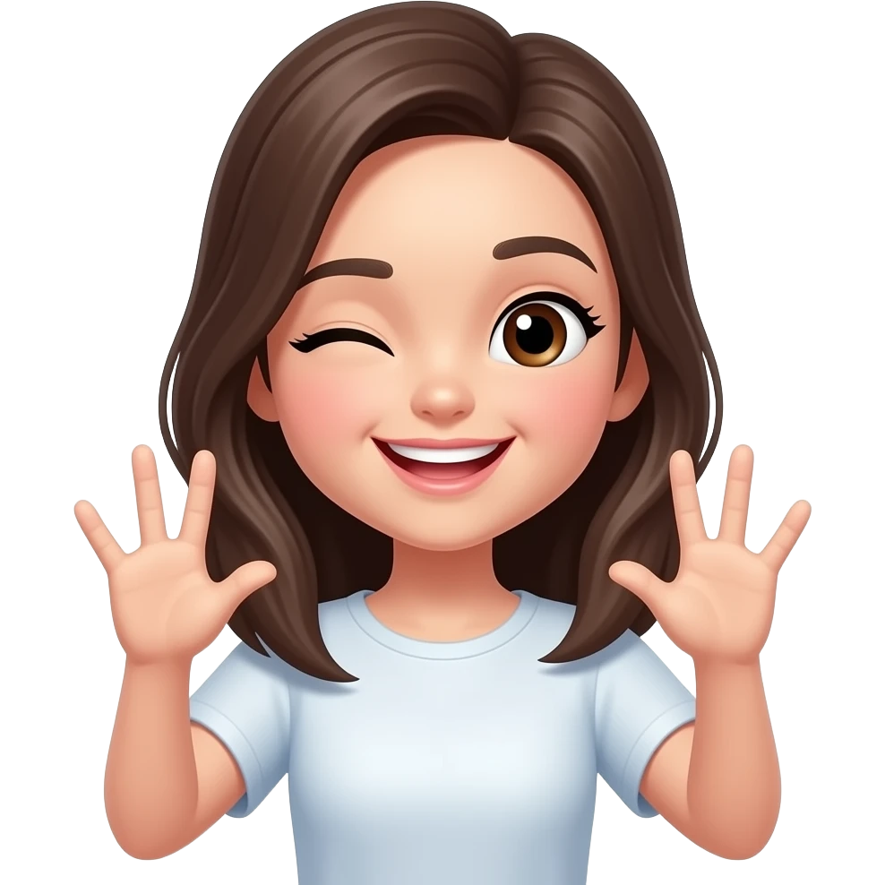 a cute anime-style girl, smiling and winking, both hands held forward, each hand showing three fingers, playful and cheerful pose emoji