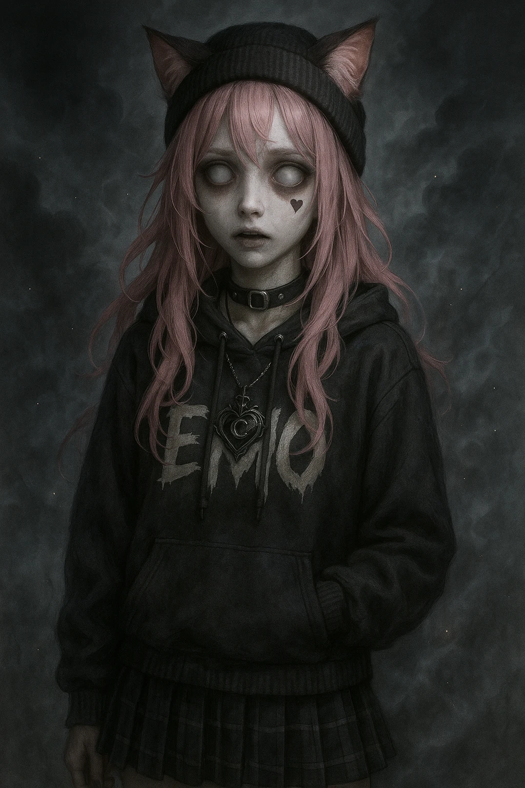 realistic anime catgirl with pink hair, emo streetwear, heart tattoo under left eye, dark magical accessory, sparkles, stormy background, ghostly horror expression with pale face, hollow eyes, faint mist emoji