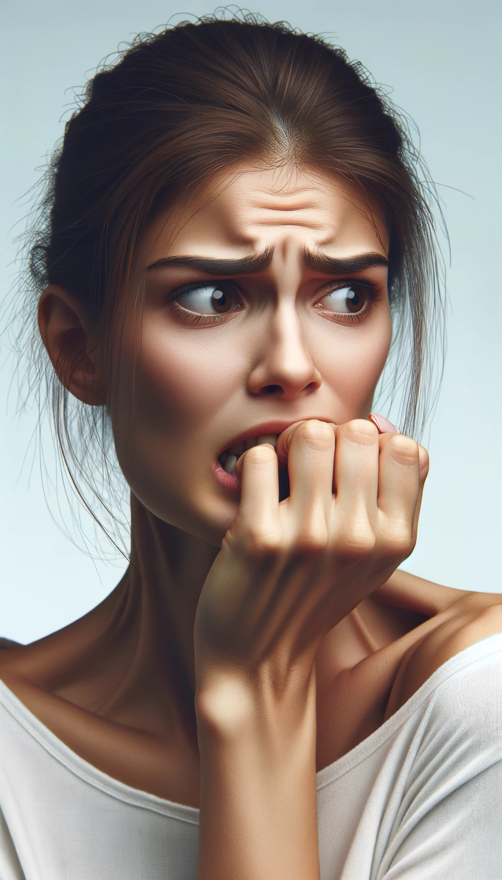 DONNA  che si mangia le unghie per il nervosismo, sfondo chiaro, iperrealistica 4k emoji