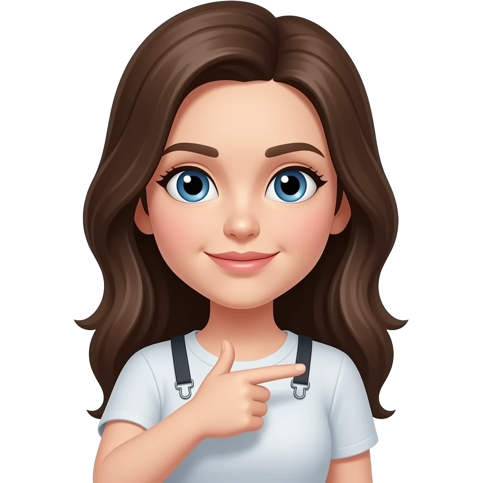 white female, blue eyes, brown hair pointing at self emoji