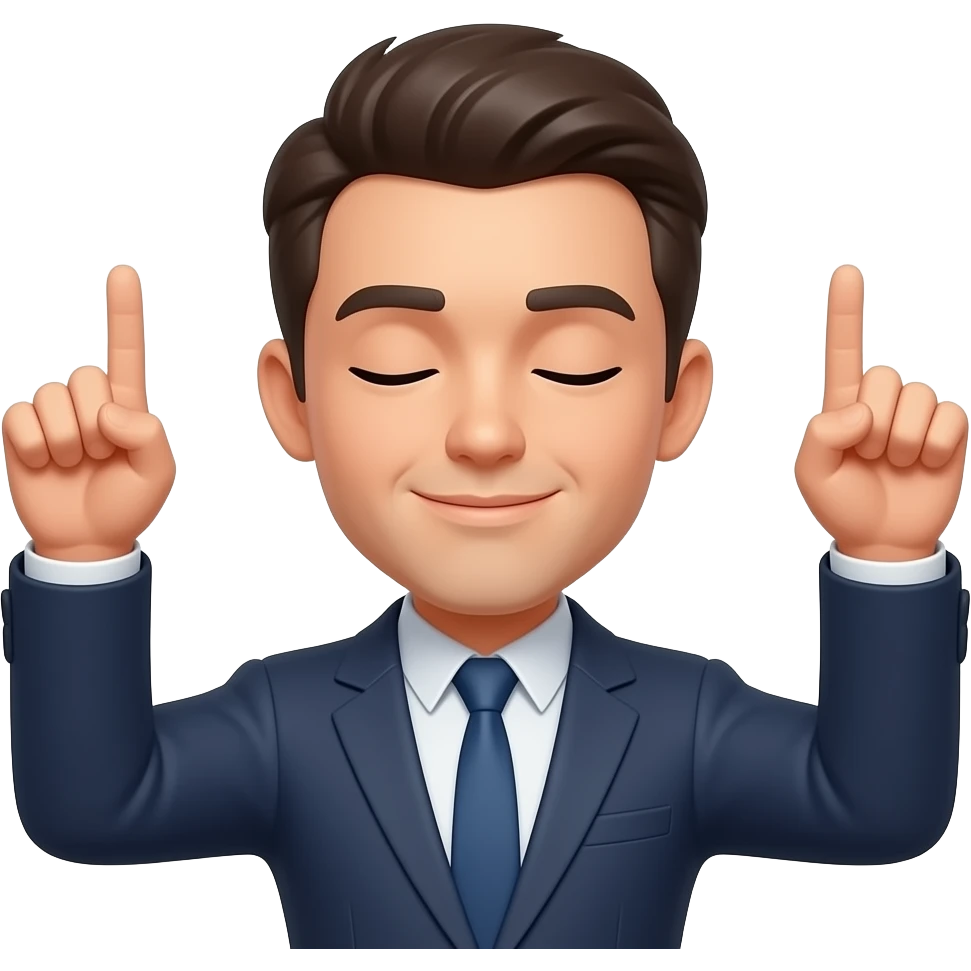 Emojis rond  blazer avec les deux bras levés vers le ciel, les index pointés vers le haut, les yeux fermé, fond blanc, style emoji de blazer , avec que la tête et enleve  le corp emoji
