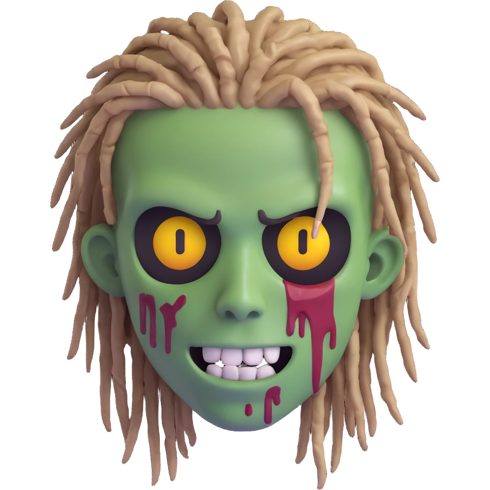 close-up face of zombie boy with dreadlocks hair and black shirt, emoji style emoji