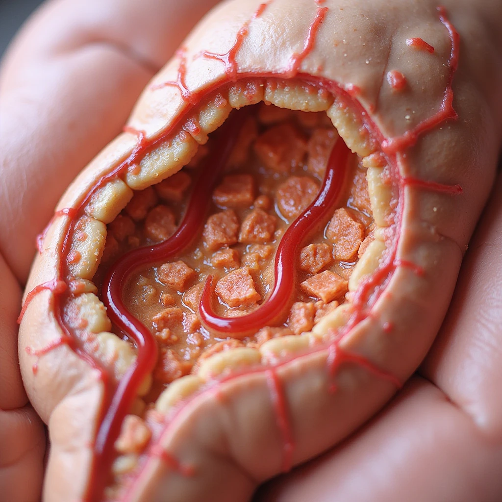 realistic illustration of endometrium with dilated blood vessels, edema, inflammatory infiltrate, bright colors highlighting inflammation, white background emoji