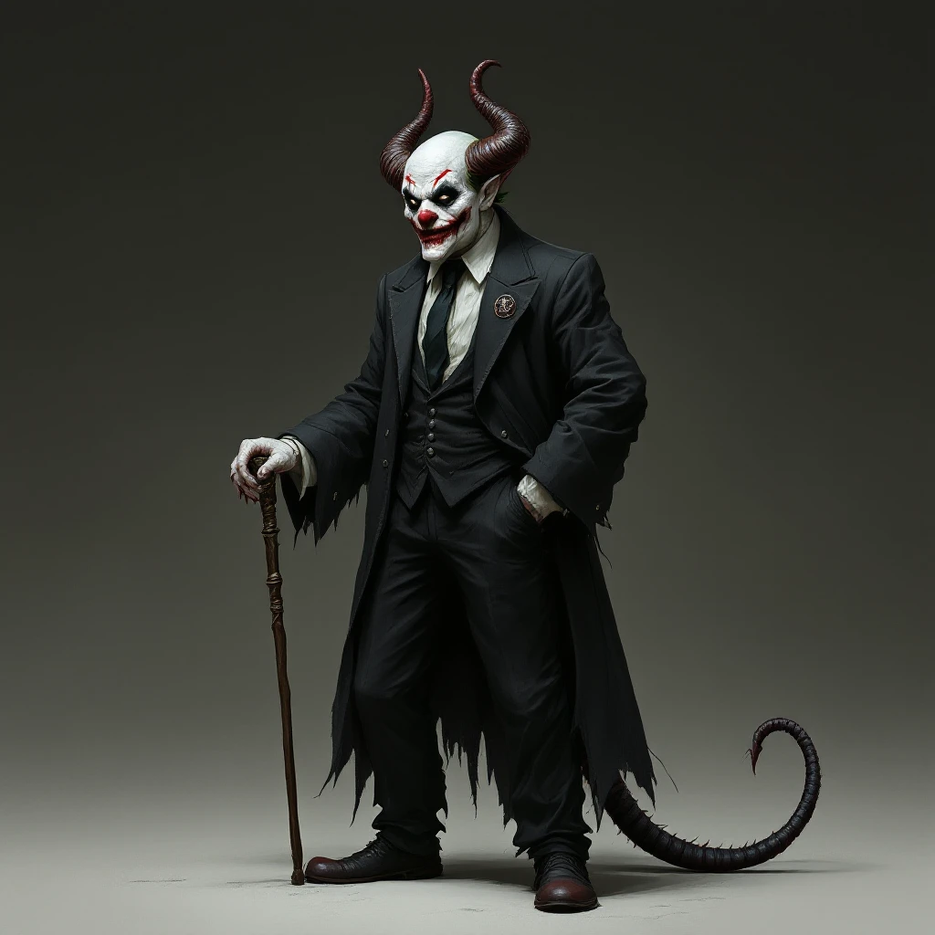 Evil clown wizard with white skin, stoic and frowning expression, wearing a black suit, holding a cane, with horns and tail, no pentagrams, detailed character design based on reference image emoji