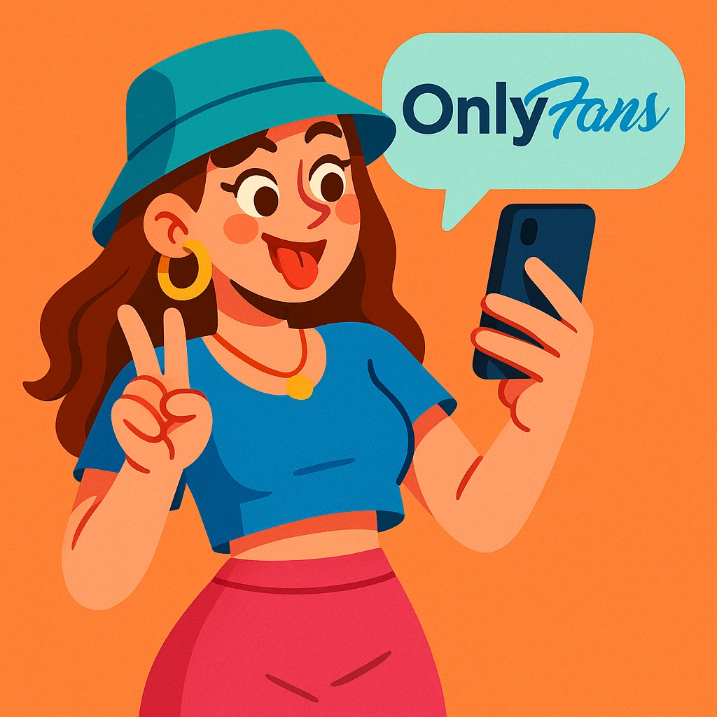 OnlyFans model, playful expression, holding a smartphone, trendy outfit, social media vibe, digital art emoji