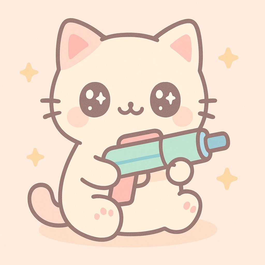 a cute cat with a toy gun, kawaii style emoji