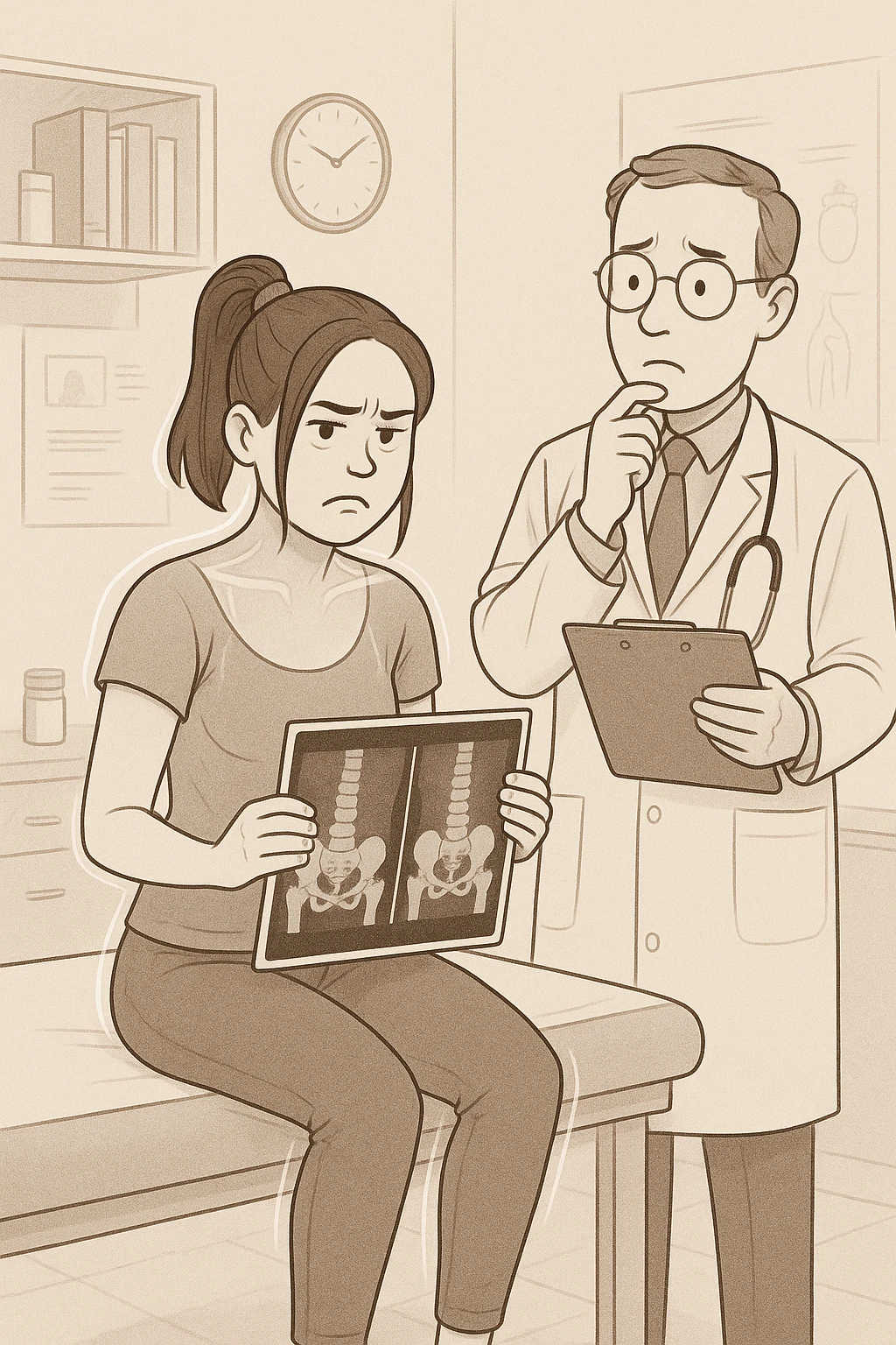 a person sits in a doctor’s office, holding medical imaging results (like X-rays or MRI scans) that appear normal. However, a subtle shadow or ghosted outline around their body reveals postural asymmetries—such as uneven shoulders or hips—that are not visible in the scans. The doctor looks puzzled, while the patient appears frustrated. emoji