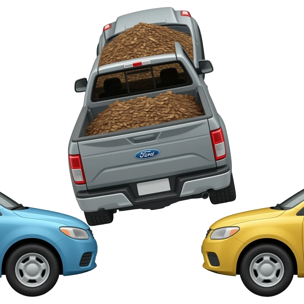 Gray F150 with full of bark chips in the back upside down in between two other cars emoji