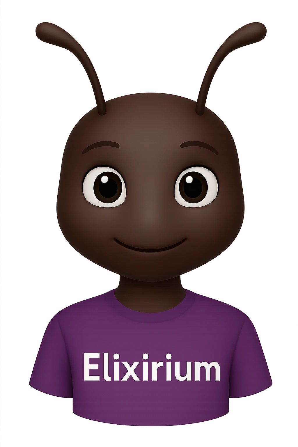 Edit the image of the ant in the original 3D Apple emoji style, adding the text 'Elixirium' on the ant's shirt, keeping the original 3D Apple emoji style intact and making no other changes. emoji
