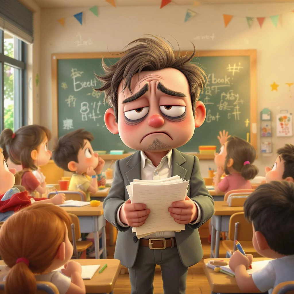 3d cartoon art of a exhausted teacher in a bustling classroom emoji