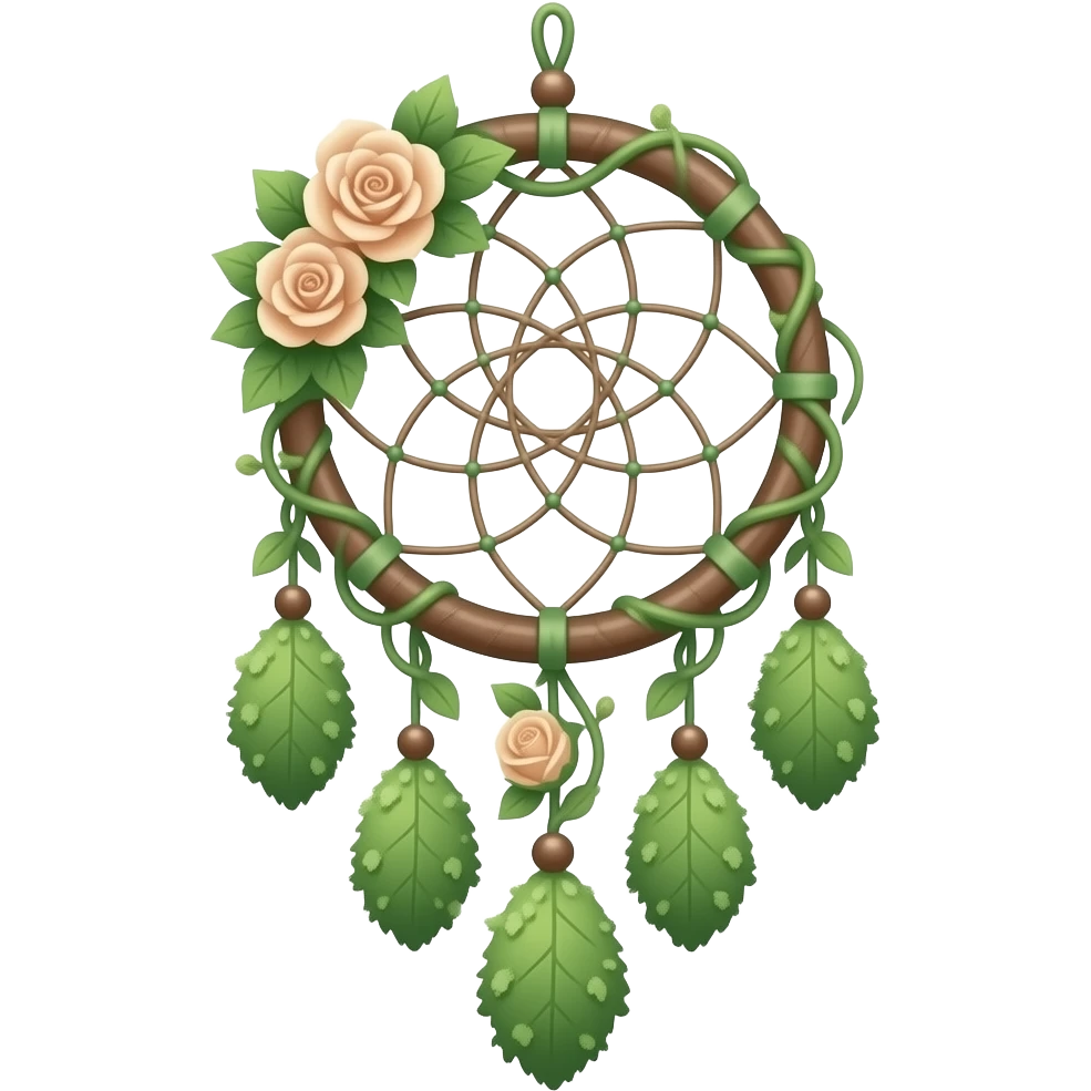 Pastel princess-themed Green-white-brownish-beige-gradients dreamcatcher, pastel colors, whitish, light, green academia aesthetic, mossy, with green vines and beige roses emoji