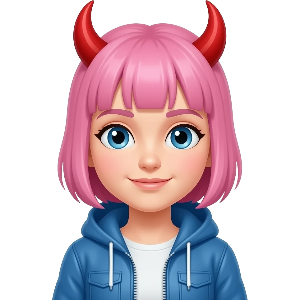 Girl with pink hair and red devil horns and a blue jacket emoji