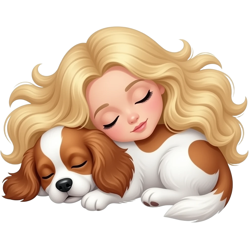 White Girl with Long blond hair sleeping with a White/red cockerspaniel puppy emoji