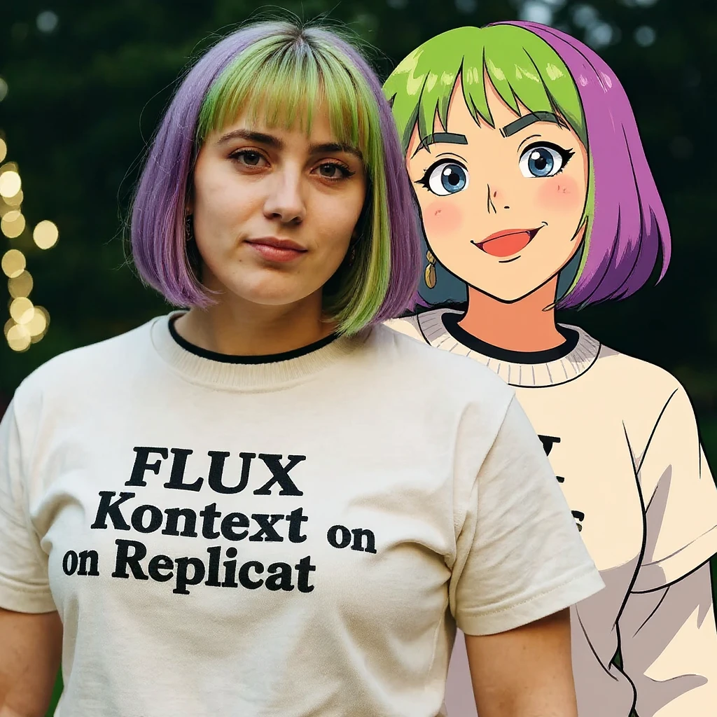 make a image of a girl with a anime version of that girl beside her wearing tshirt with text of "FLUX Kontext" emoji
