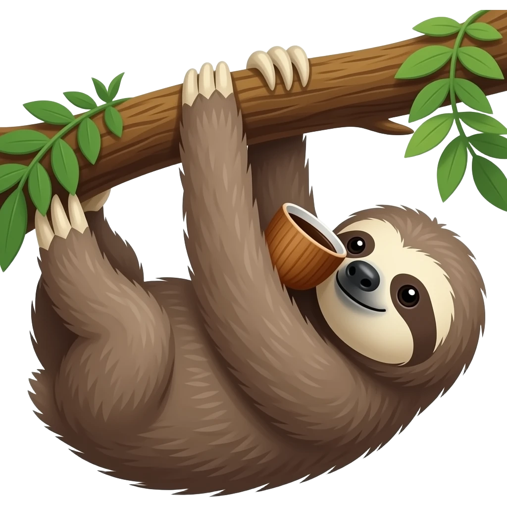 hanging sloth on big jungle tree branch drink coffee wooden cup hanging emoji