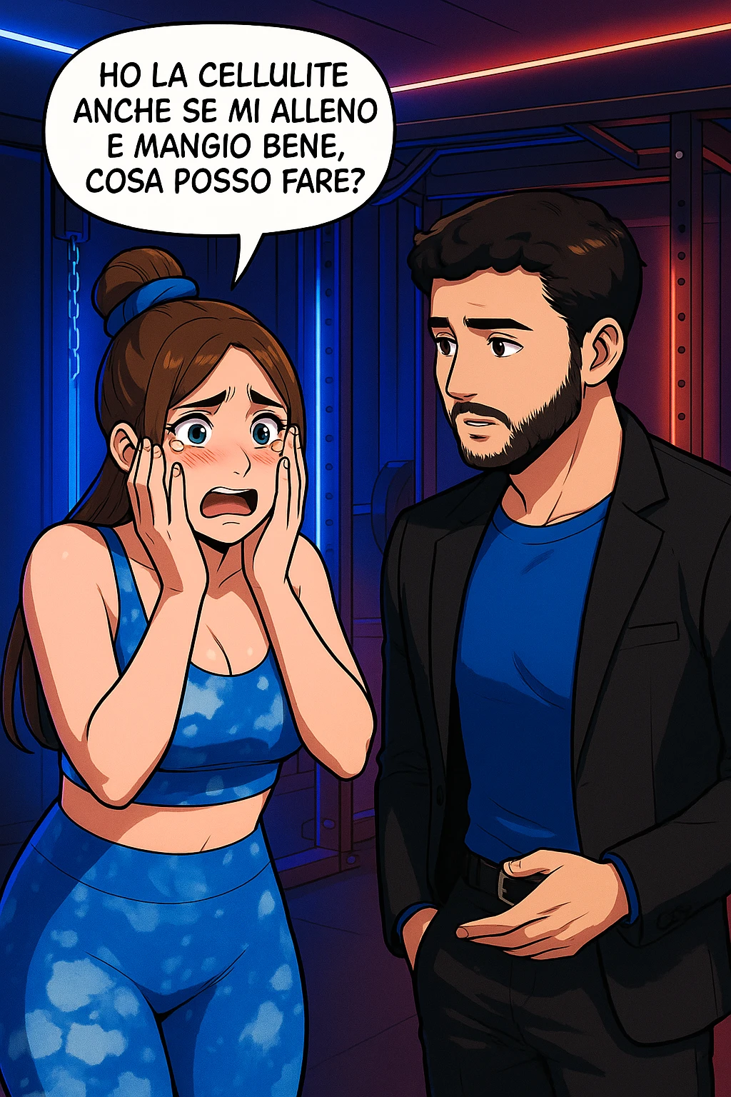 TRASFORMA QUESTO CAROSELLO IN UN FUMETTO STILE WEBTOON/MANGA A COLORI CON QUESTE DUE PERSONE IDENTICHE CHE INTERLOQUISCONO TRA LORO, LA DONNA è DISPERATA CON LE MANI SULLE GUANCE E STA DOMANDANDO TUTTA AGITATA UNA COSA ALL'UOMO:

LEI (DONNA): Ho la cellulite anche se mi alleno e mangio bene, cosa posso fare? emoji
