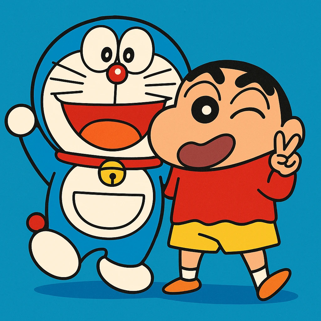 Doraemon and Shinchan together, playful pose, vibrant cartoon style emoji