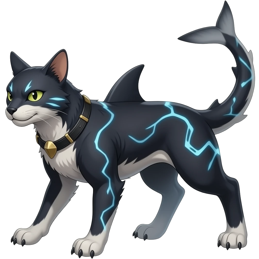 4-legged digitigrade dark badass edgy earless landhai-Latias-Latios-carvanha-sharpedo-Electrike-Manectric-hybrid-fusion-creature, with a long shark tail behind, full body emoji