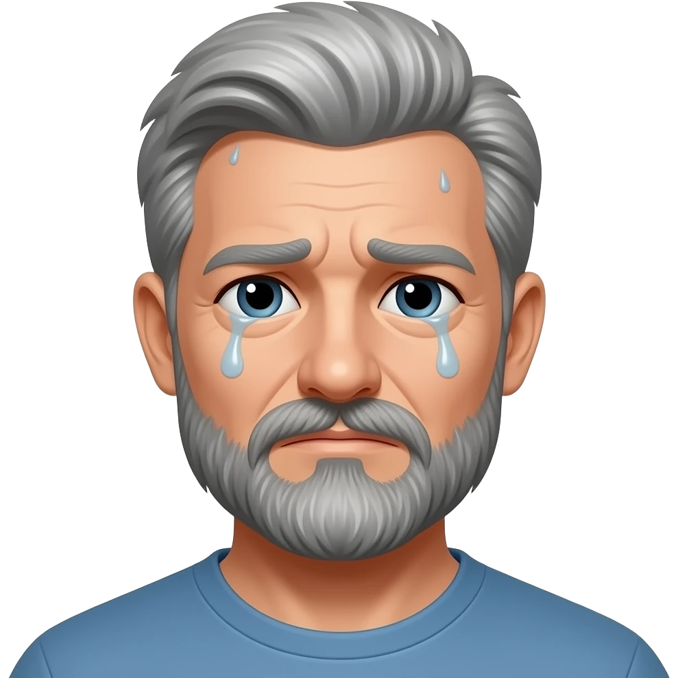 Man, gray hear, beard, slightly tired, no tears emoji