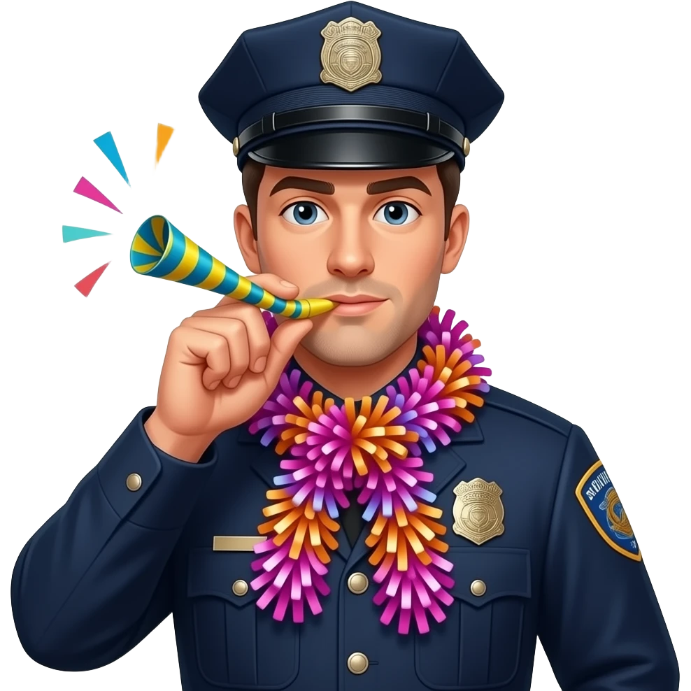 police with Party tinsel scarf on his neck and a party blower emoji