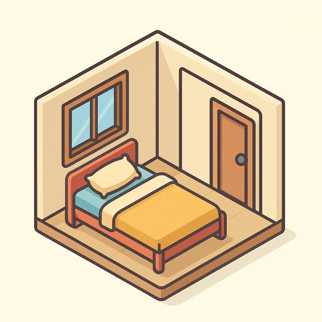 isometric apartment interior, bed, window, door, bright and simple, cartoon style emoji
