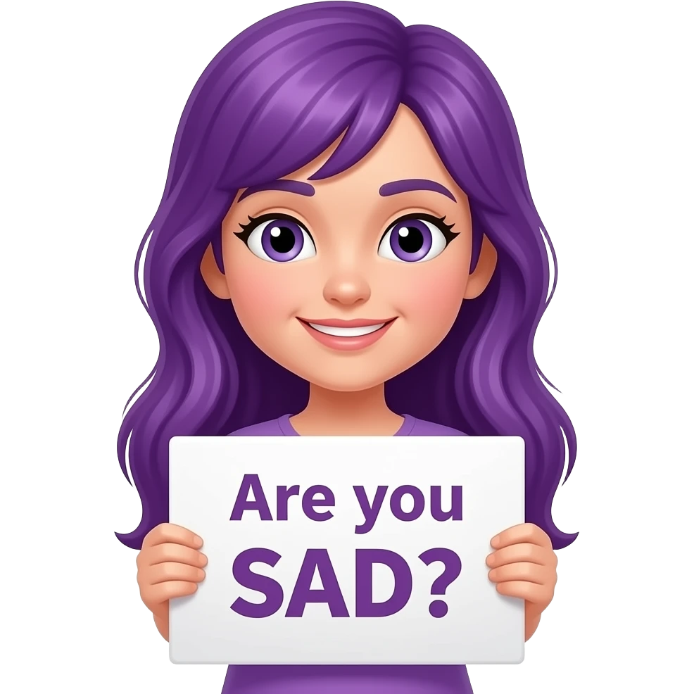 girl with long purple hair holding a Are you SAD? sign emoji