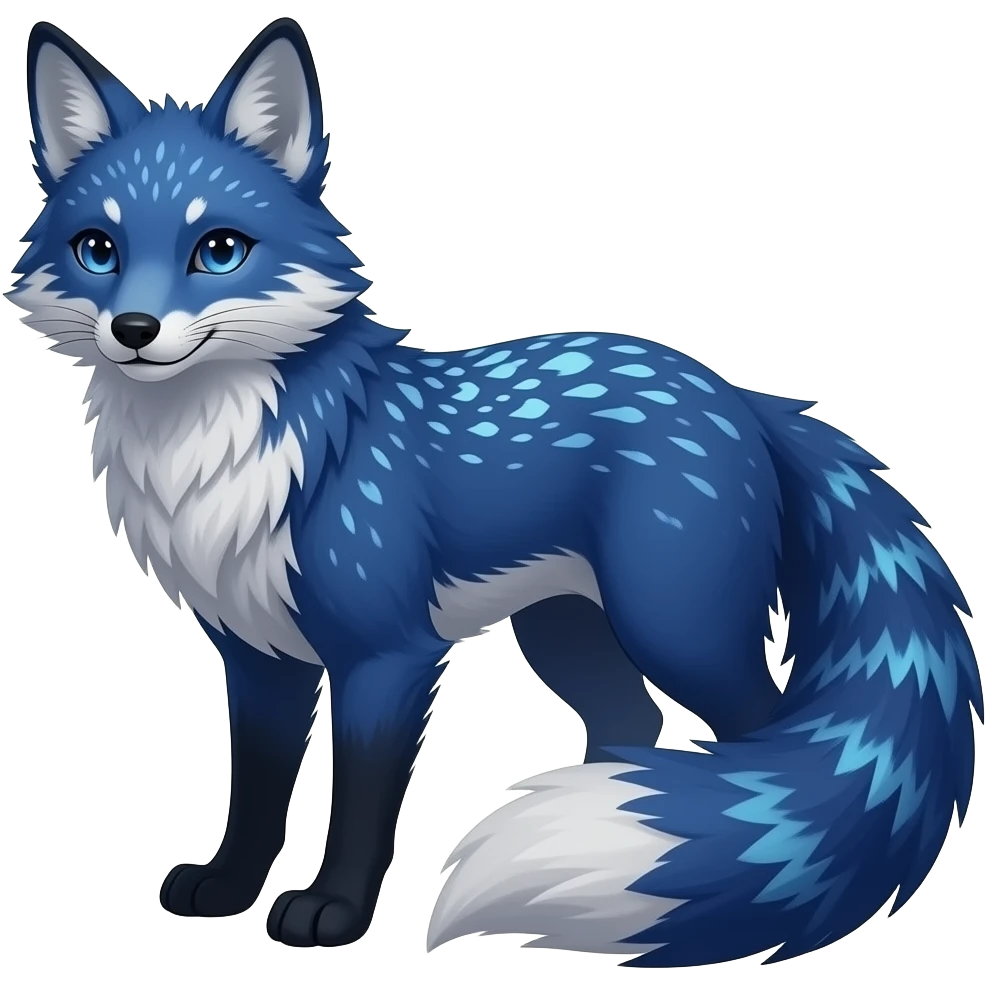 Feral Rare Fantasy vibrant dark shady shaded detailed deep-dark-cobalt-blue-gradients-colored colorful Vernid-Sergal-Fox-Genet-Trico-species by LiLaiRa, random markings, tufted tail, tufted ears, full body emoji