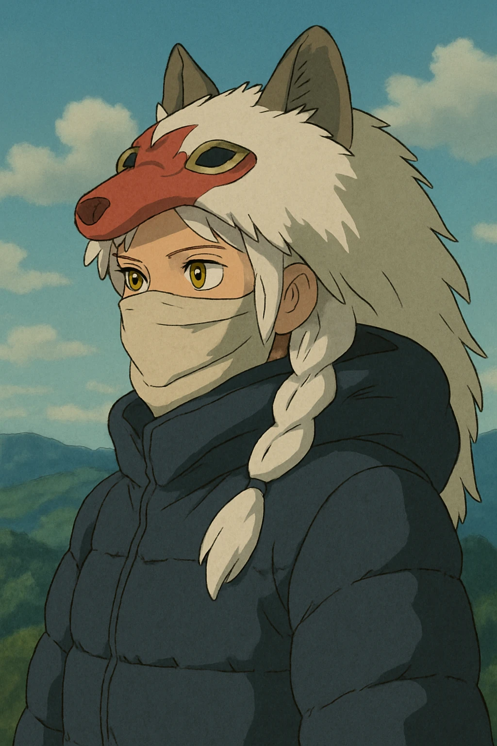 1 female, gold yellow eyes, white hair with a single long braid, wolf headdress, rag face covering, dark colored puffer parka, gazing into the distance emoji